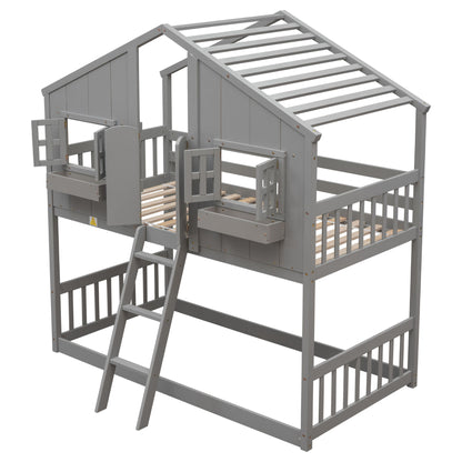 House Bunk Bed With Roof, Window, Window Box, Door, With Safety Guardrails And Ladder - The Sleep Loft - Online Mattress Showroom NYC