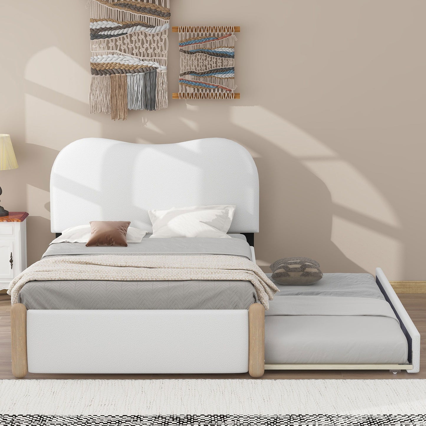 Upholstered Platform Bed With Wood Supporting Feet And Trundle - The Sleep Loft - Online Mattress Showroom NYC