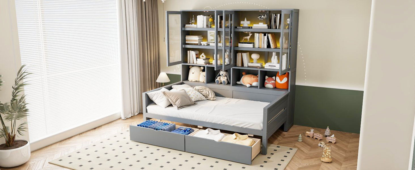 Daybed With Glass Door Storage Cabinets, Built In LED Lighting And Shelves - The Sleep Loft - Online Mattress Showroom NYC