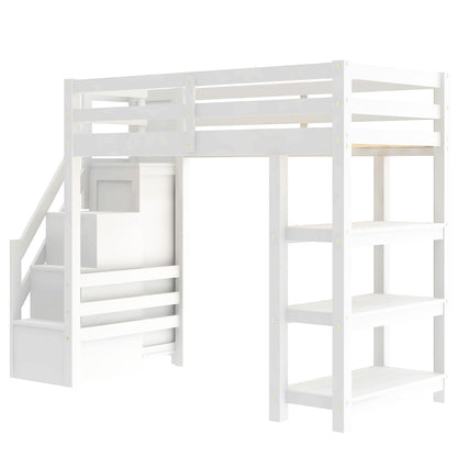 Loft Bed With 4 Layer Shelves, Storage Staircase, Small Wardrobe And LED Light - The Sleep Loft - Online Mattress Showroom NYC