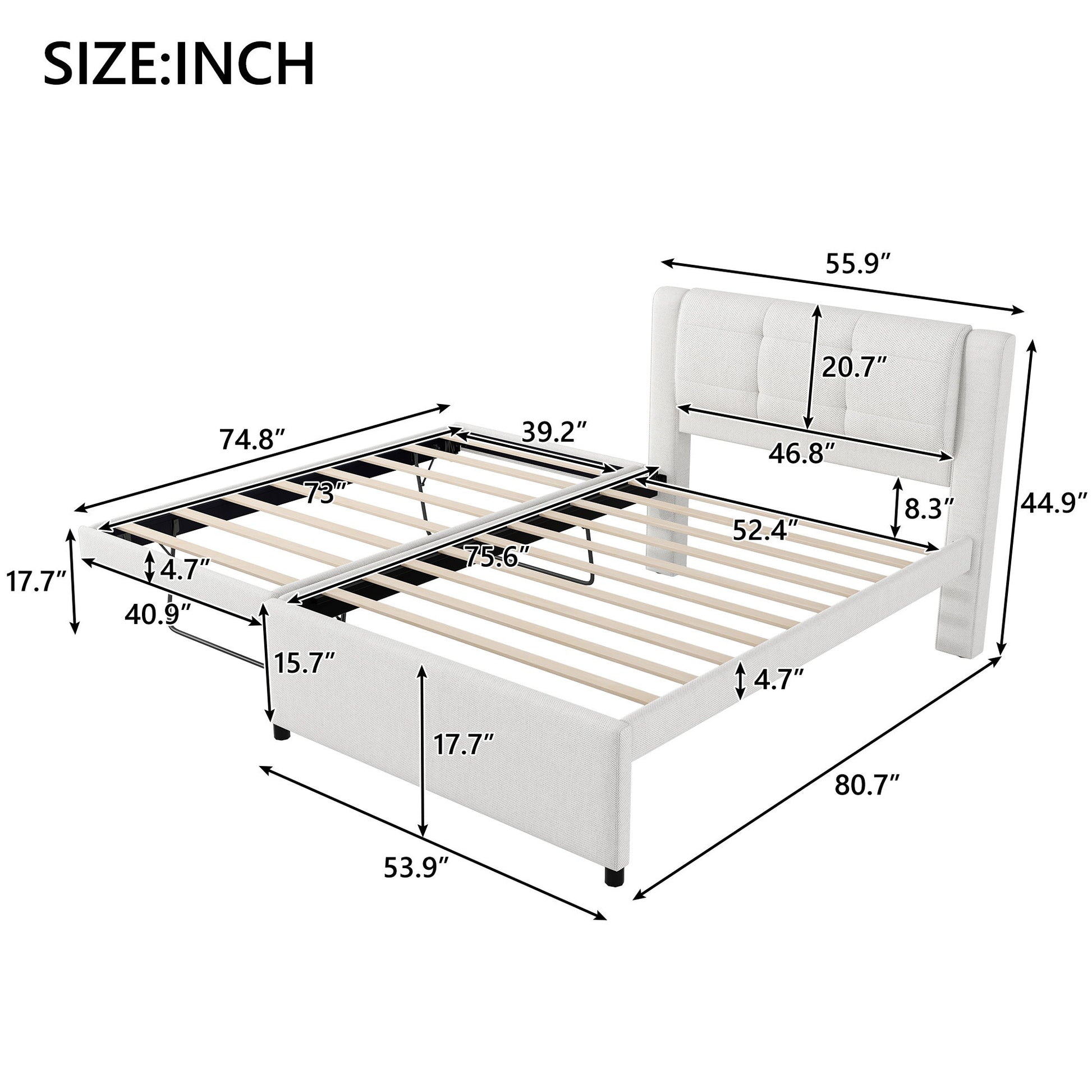 Upholstery Platform Bed With Trundle, Trundle Can Be Flat Or Erected - The Sleep Loft - Online Mattress Showroom NYC