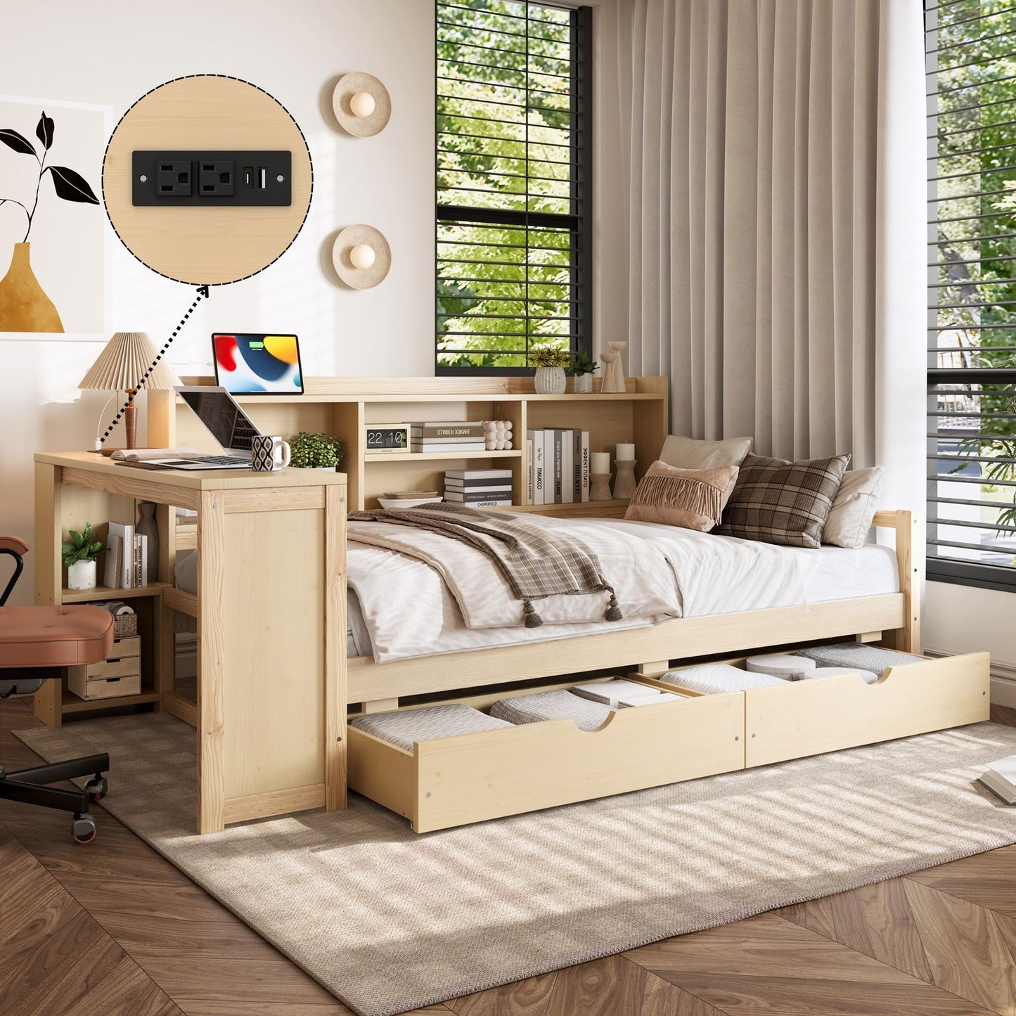 Corner Daybed With Storage Drawers, Desk, Charging Port & Bookcase - The Sleep Loft - Online Mattress Showroom NYC