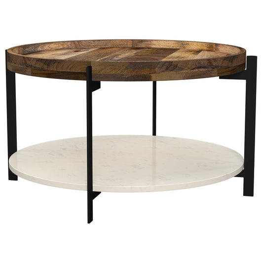 Adhvik Round Wood Top Marble Shelf Coffee Table Natural - The Sleep Loft - Online Mattress Showroom NYC