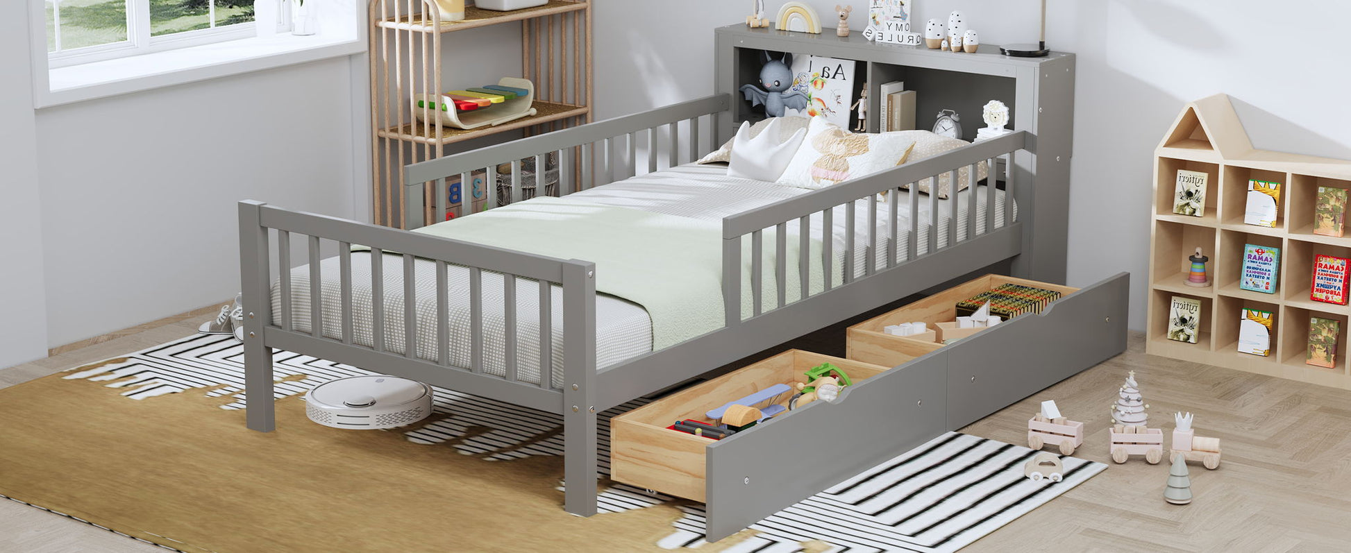 Bed With Headboard Storage Rack, 2 Under Bed Drawers, 3 Side Guardrails For Safety - The Sleep Loft - Online Mattress Showroom NYC