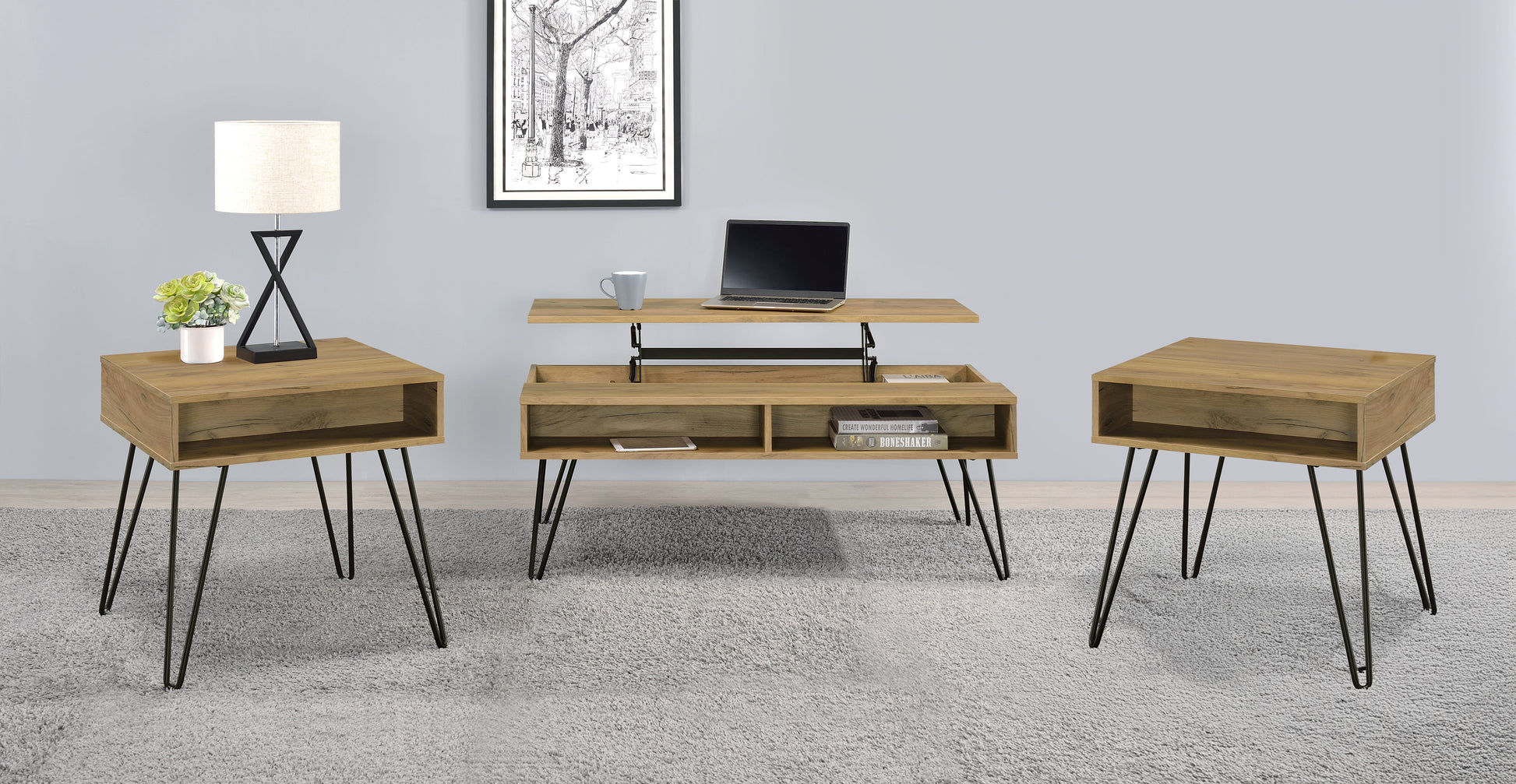 Fanning 3-piece Lift Top Coffee and End Table Set Golden Oak