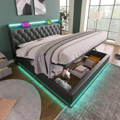 Upholstered Bed, 360 Surround LED Function, Remote Control, Hydraulic Storage Bed With USB, Type-C Charging (Without Mattress) - The Sleep Loft - Online Mattress Showroom NYC