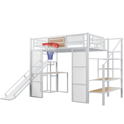 Loft Bed With Built In Desk, Open Wardrobe, Basketball Hoop, Slide And Staircase - The Sleep Loft - Online Mattress Showroom NYC