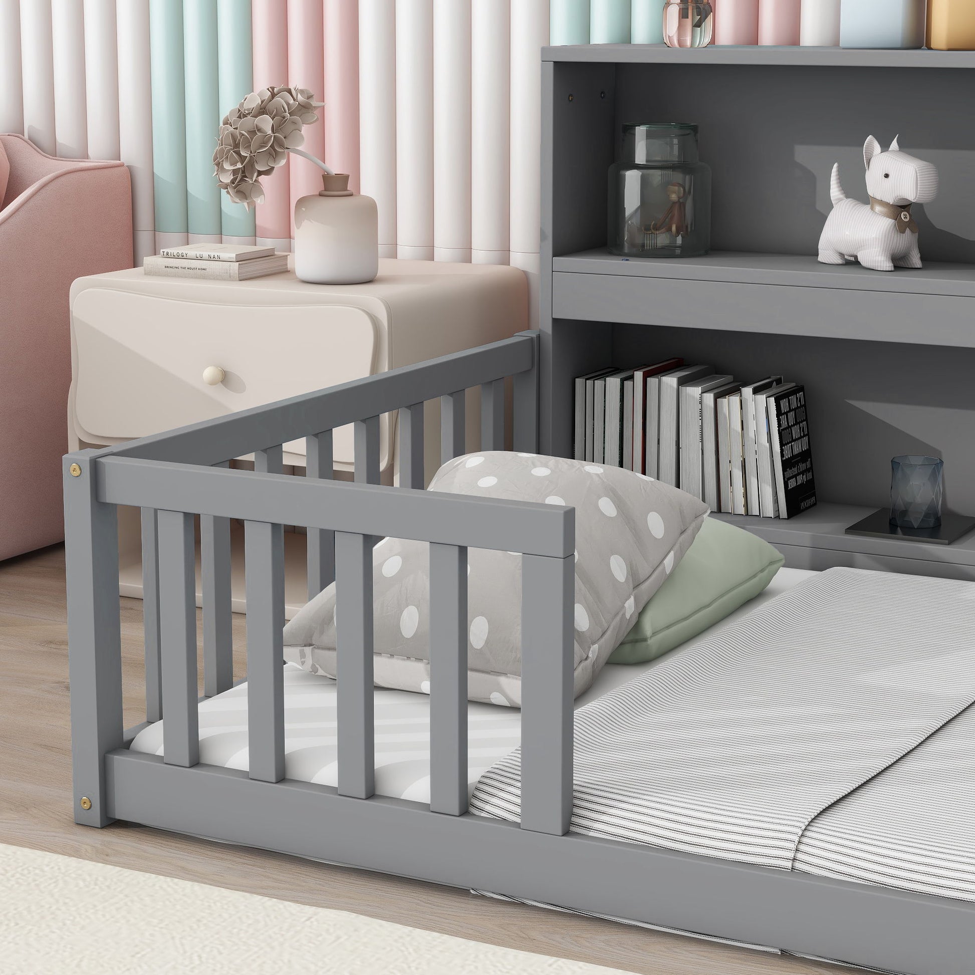 Floor Bed With Bedside Bookcase, Shelves, Guardrails - The Sleep Loft - Online Mattress Showroom NYC