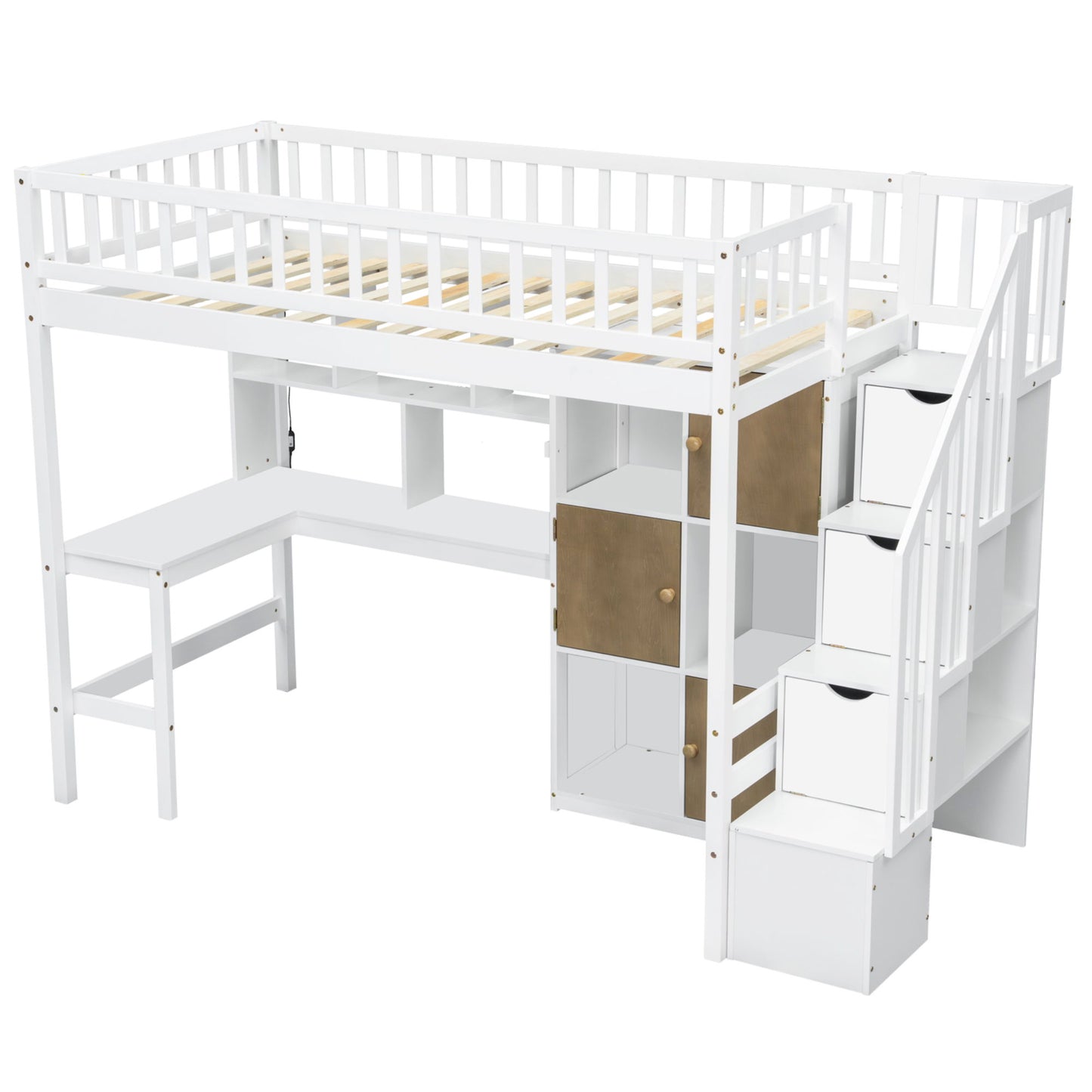 Loft Bed With Built In L Shaped Desk, LED Lights, Storage Shelves, Cabinets, And Staircase - The Sleep Loft - Online Mattress Showroom NYC