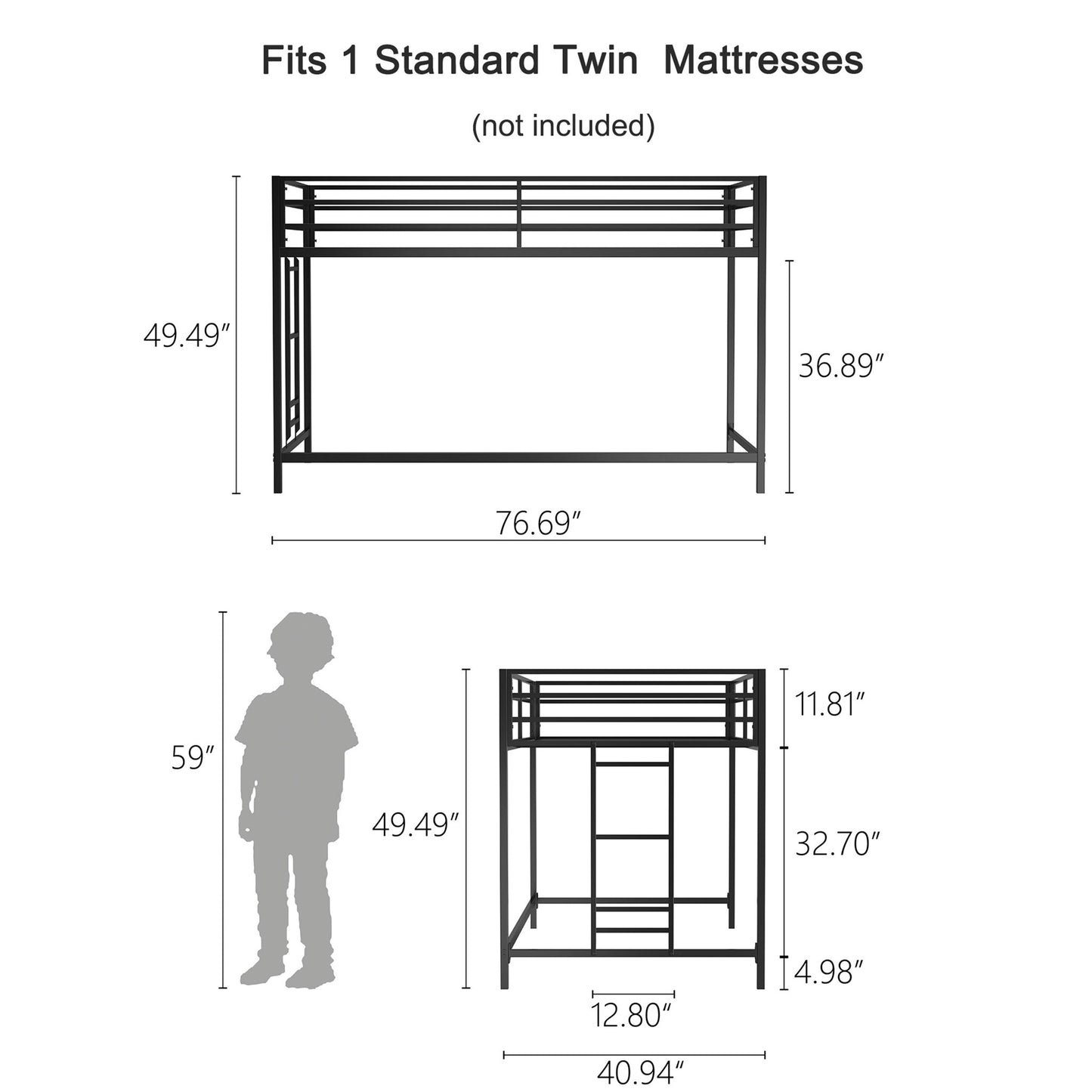 Adam - Twin Loft Bunk Bed With Cinnamon Wood Shelf - Black - The Sleep Loft - Online Mattress Showroom NYC