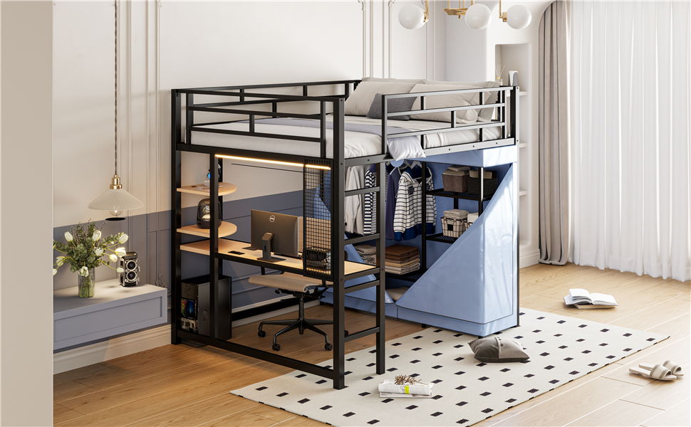 Loft Bed With Desk, Shelves, Power Outlet, LED Light And Wardrobe - The Sleep Loft - Online Mattress Showroom NYC