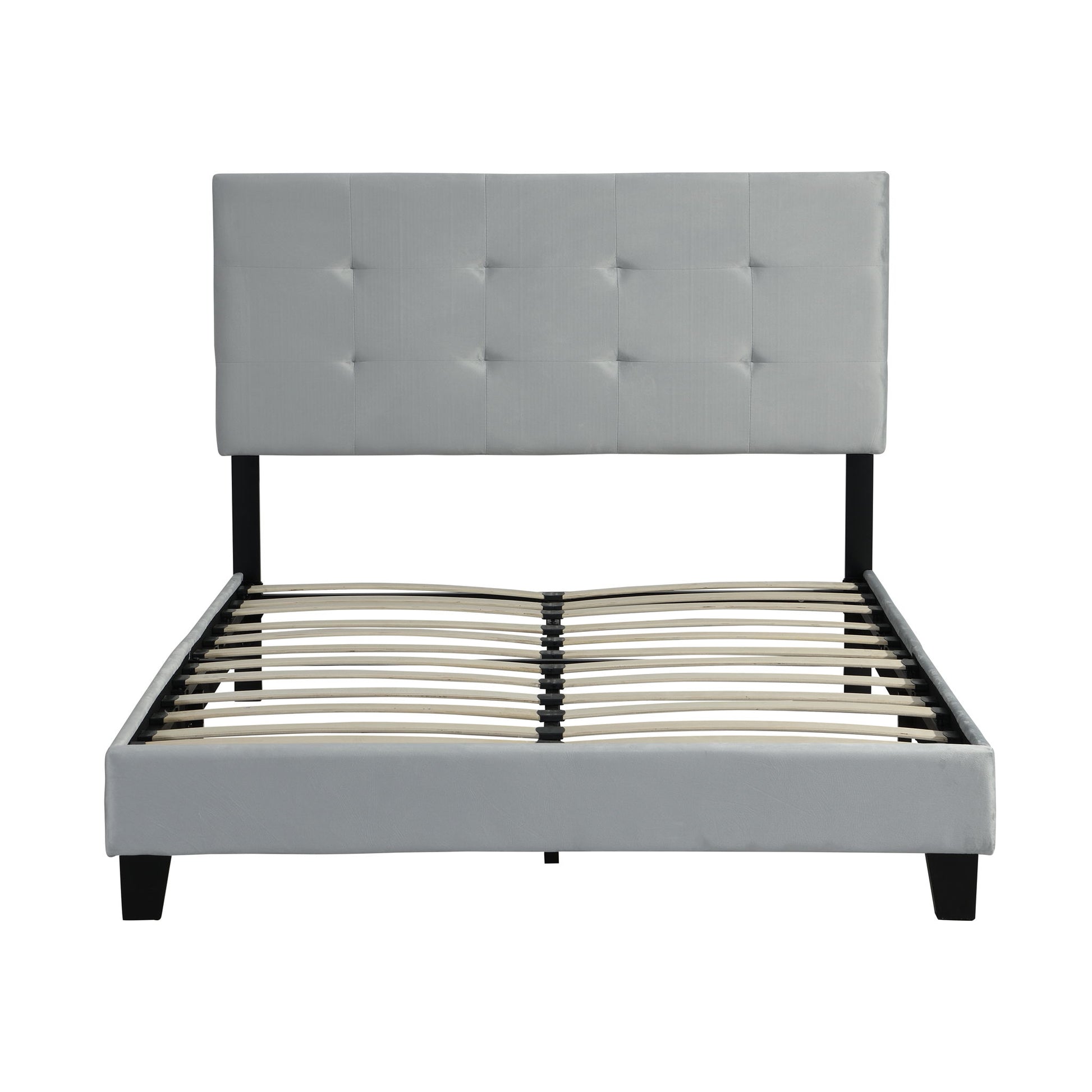 Full Size Upholstered Platform Bed Frame With Pull Point Tufted Headboard, Strong Wood Slat Support, Mattress Foundation, No Box Spring Needed - Gray - The Sleep Loft - Online Mattress Showroom NYC