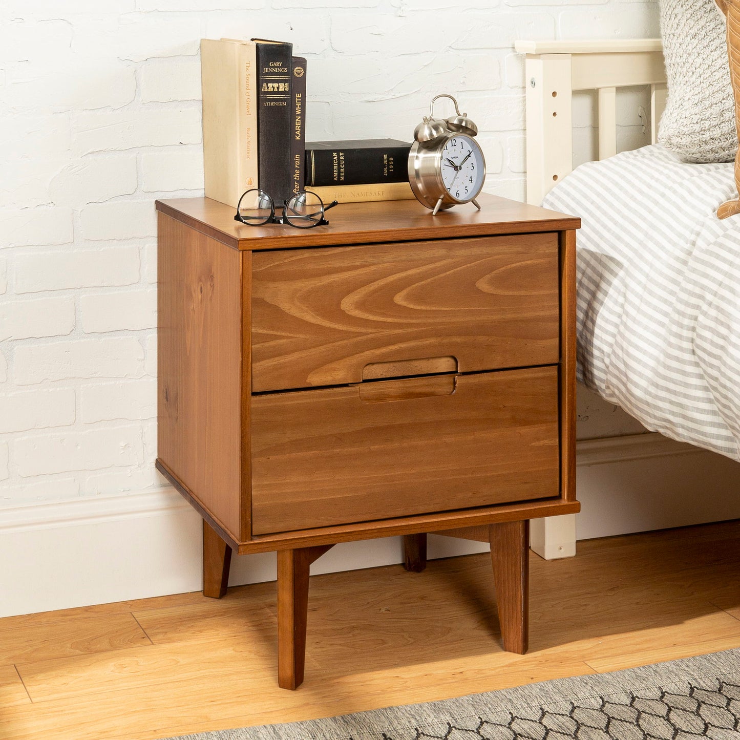 Mid-Century Modern 2 Drawer Solid Wood Nighstand With Cutout Handles - The Sleep Loft - Online Mattress Showroom NYC