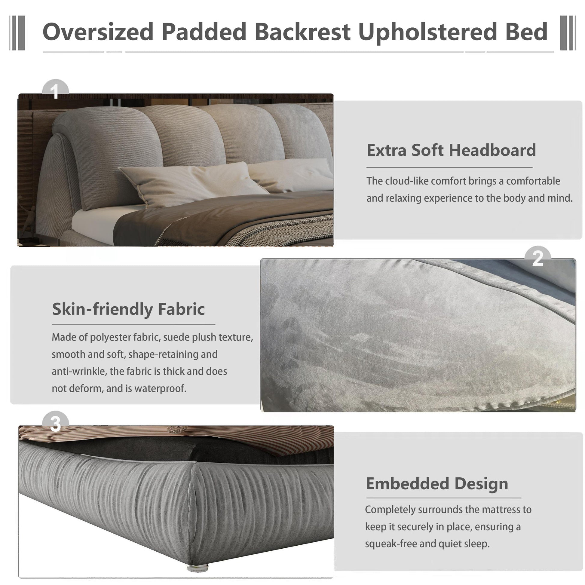 Luxury Upholstered Platform Bed With Oversized Padded Backrest And Solid Wood Frame - The Sleep Loft - Online Mattress Showroom NYC