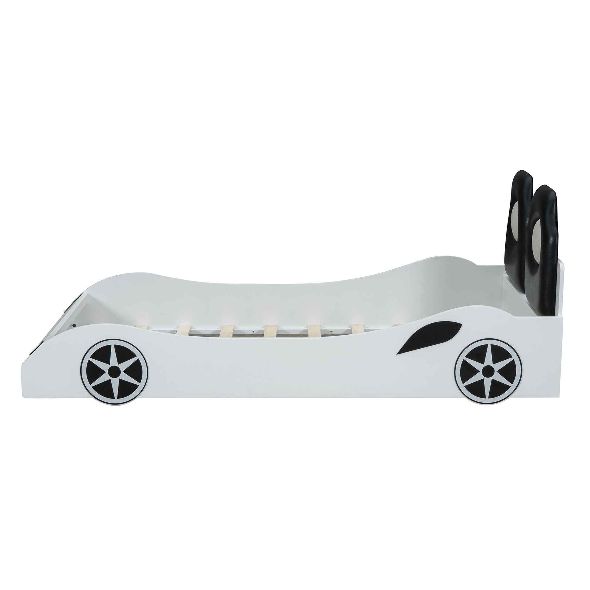 Race Car Shaped Platform Bed With LED And Upholstered Backrest In - The Sleep Loft - Online Mattress Showroom NYC