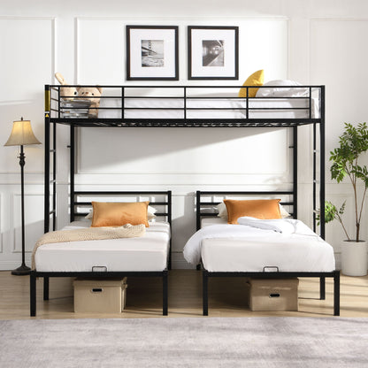 Modern Metal Triple Bunk Bed With Vertical Ladder, Safety Rail, And Storage Shelf - Black - The Sleep Loft - Online Mattress Showroom NYC