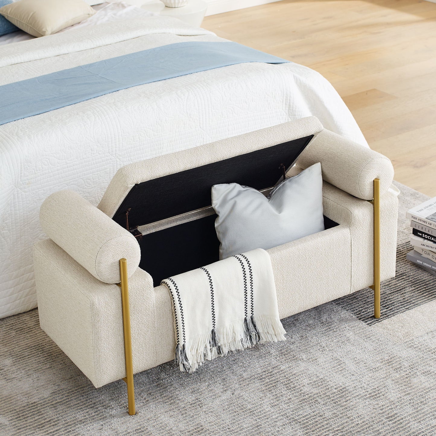 Elegant Upholstered Storage Bench With Cylindrical Arms And Iron Legs, - The Sleep Loft - Online Mattress Showroom NYC