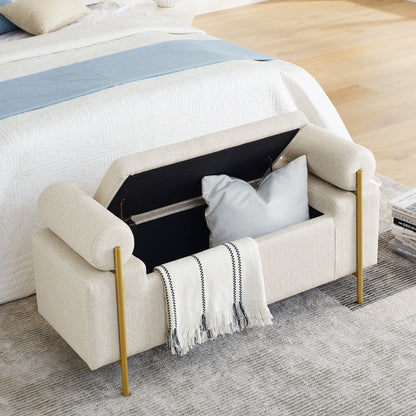 Elegant Upholstered Storage Bench With Cylindrical Arms And Iron Legs, - The Sleep Loft - Online Mattress Showroom NYC