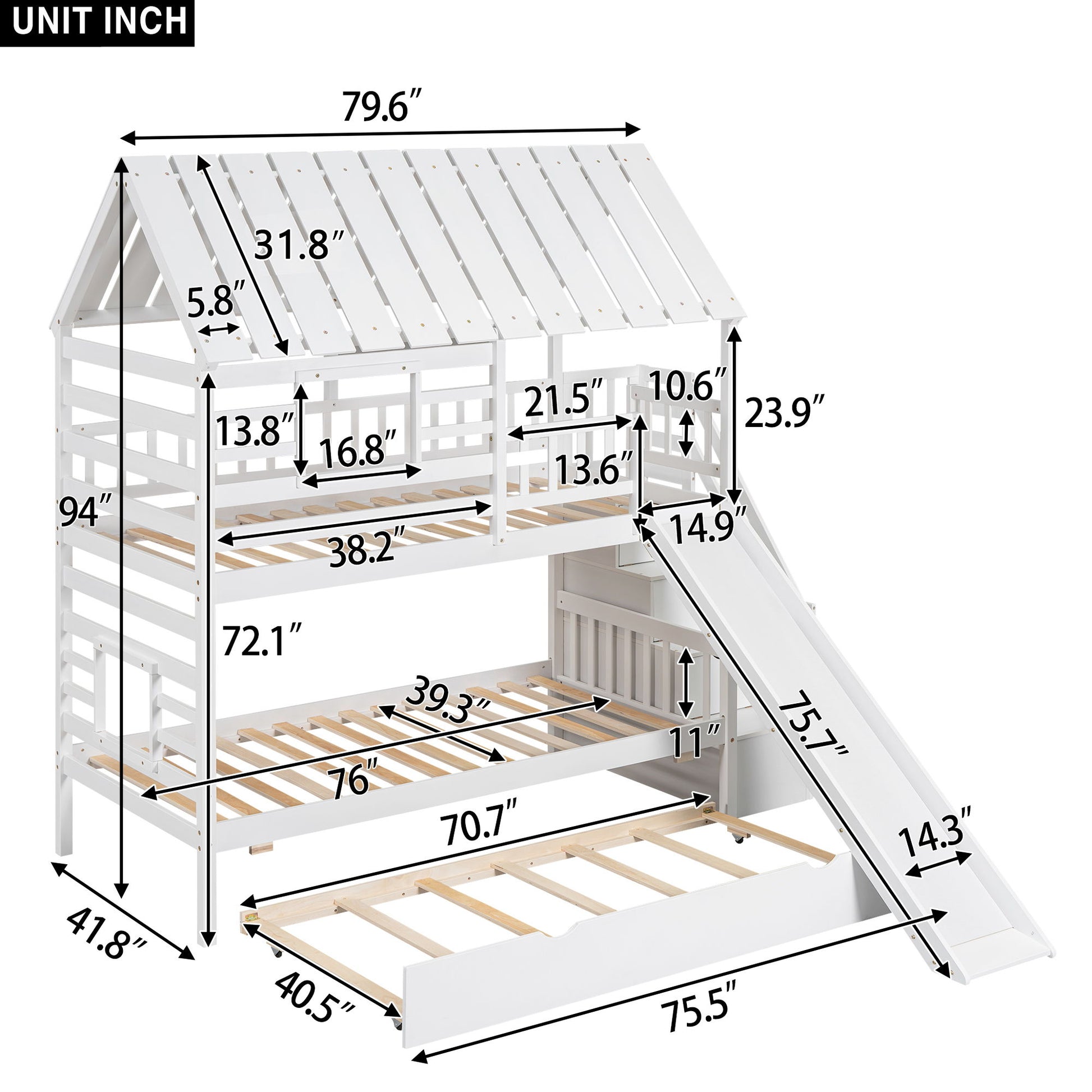 House Bunk Bed With Trundle, Storage Staircase, Roof And Window Design - The Sleep Loft - Online Mattress Showroom NYC