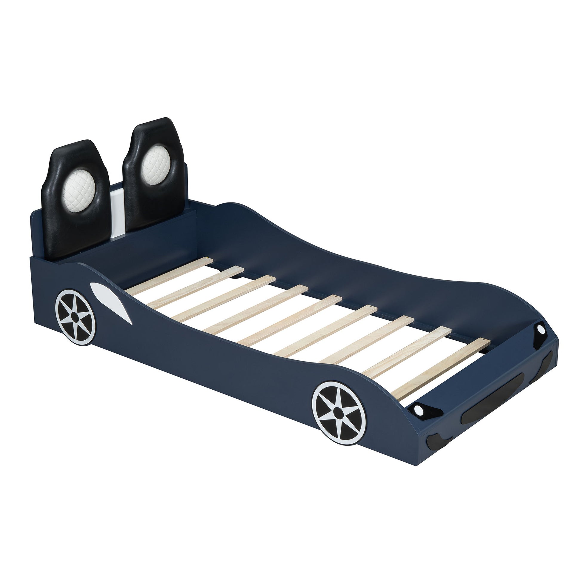 Race Car Shaped Platform Bed With LED And Upholstered Backrest In - The Sleep Loft - Online Mattress Showroom NYC