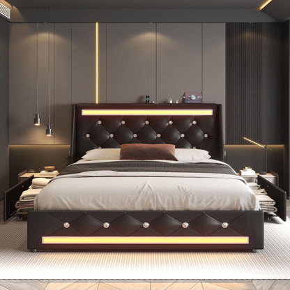 Wingback Upholstered Bed Frame With LED Lights, Charging Station - The Sleep Loft - Online Mattress Showroom NYC