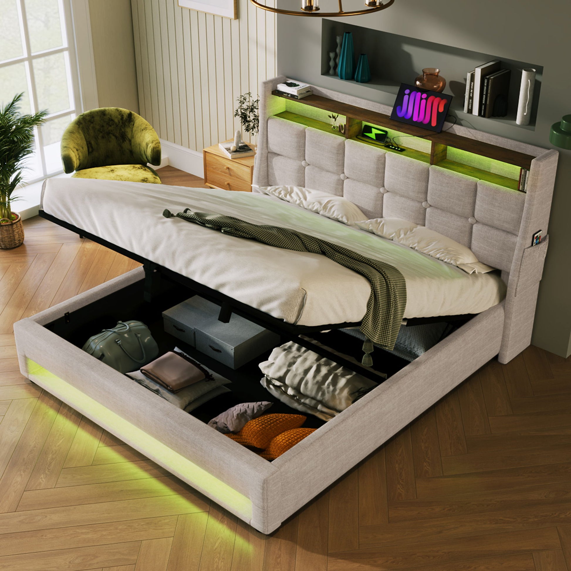 Upholstered Platform Bed With A Hydraulic Storage System, LED And USB Charging (Without Mattress) - The Sleep Loft - Online Mattress Showroom NYC