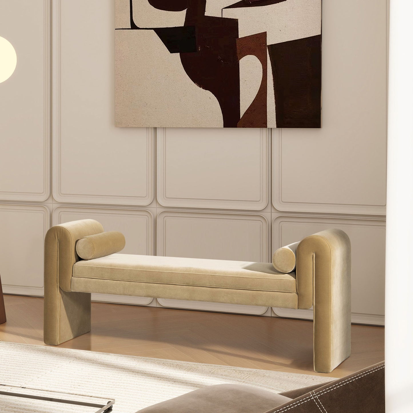 Mason - Arched Arm Bench With Bolster Pillows - Camel Brown Beige - The Sleep Loft - Online Mattress Showroom NYC