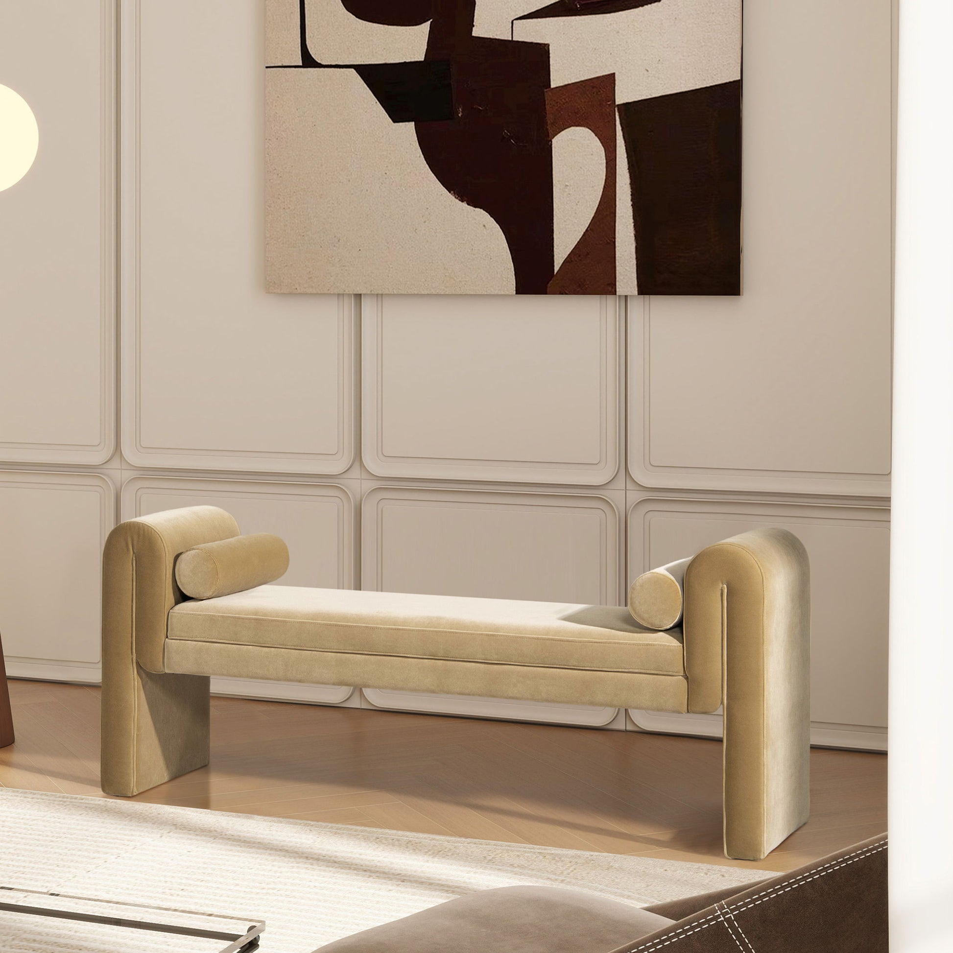 Mason - Arched Arm Bench With Bolster Pillows - Camel Brown Beige - The Sleep Loft - Online Mattress Showroom NYC