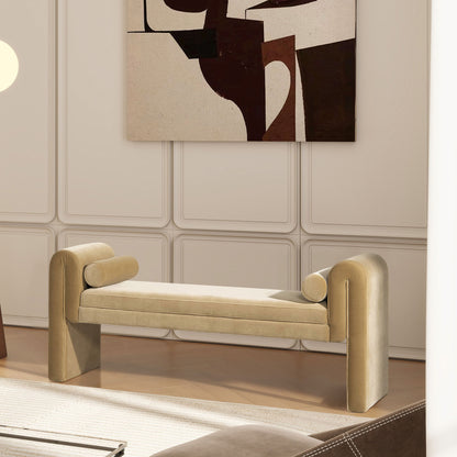 Mason - Arched Arm Bench With Bolster Pillows - Camel Brown Beige - The Sleep Loft - Online Mattress Showroom NYC