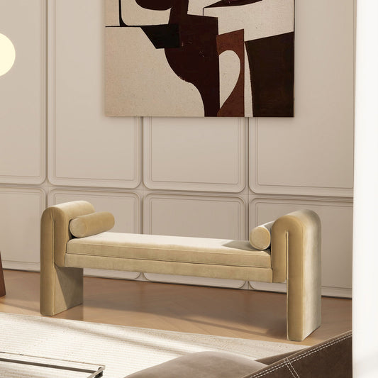 Mason - Arched Arm Bench With Bolster Pillows - Camel Brown Beige - The Sleep Loft - Online Mattress Showroom NYC