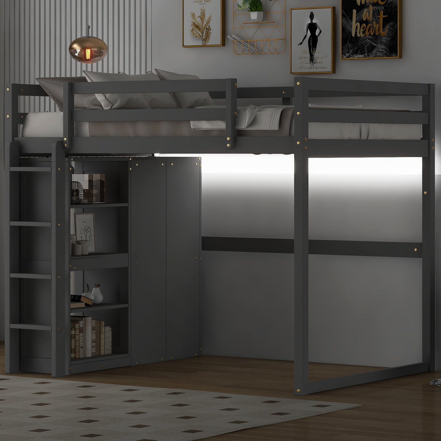 Loft Bed With Built In Wardrobe, Storage Shelves, And LED Light - The Sleep Loft - Online Mattress Showroom NYC