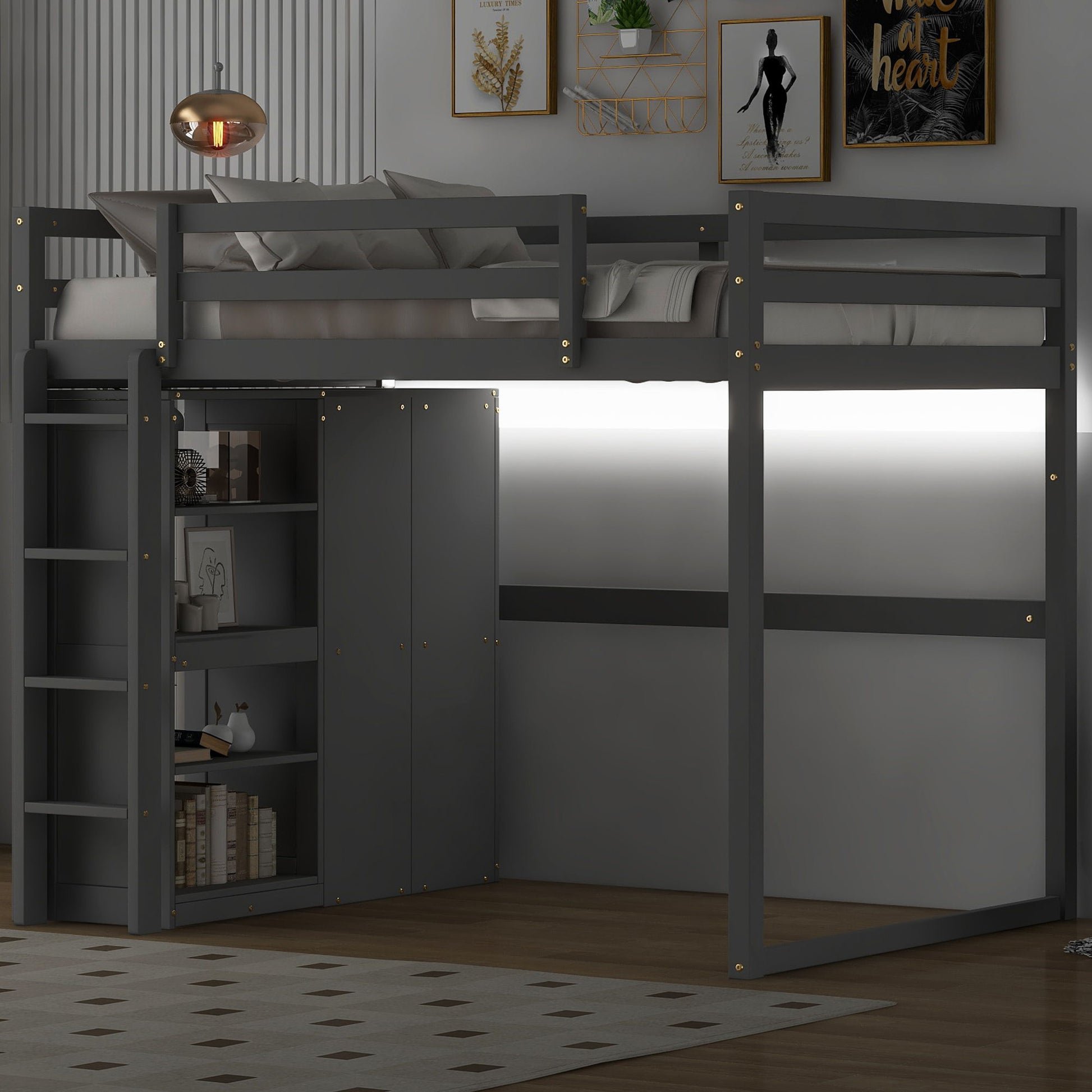 Loft Bed With Built In Wardrobe, Storage Shelves, And LED Light - The Sleep Loft - Online Mattress Showroom NYC