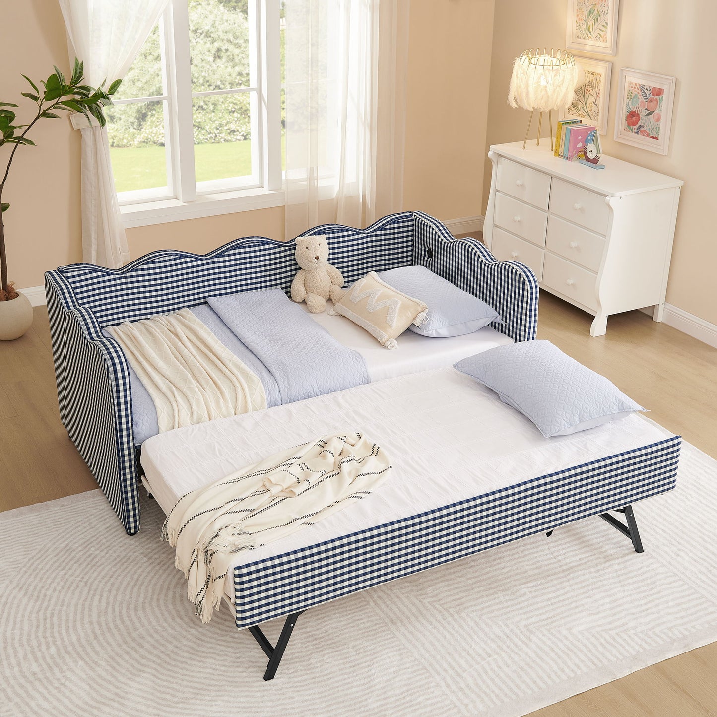 Gingham Daybed With USB Charging Port, Wave-Shaped Design - The Sleep Loft - Online Mattress Showroom NYC