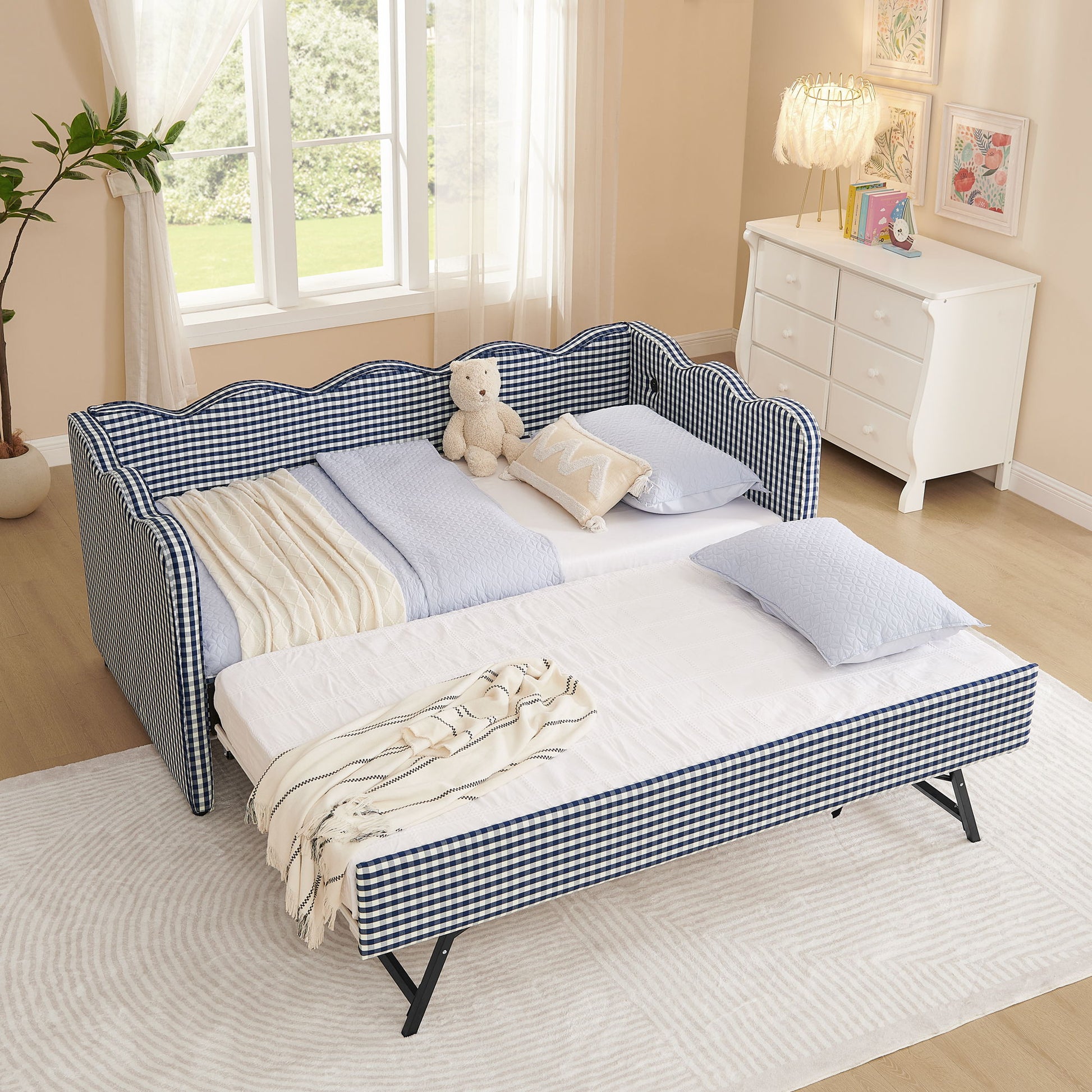 Gingham Daybed With USB Charging Port, Wave-Shaped Design - The Sleep Loft - Online Mattress Showroom NYC