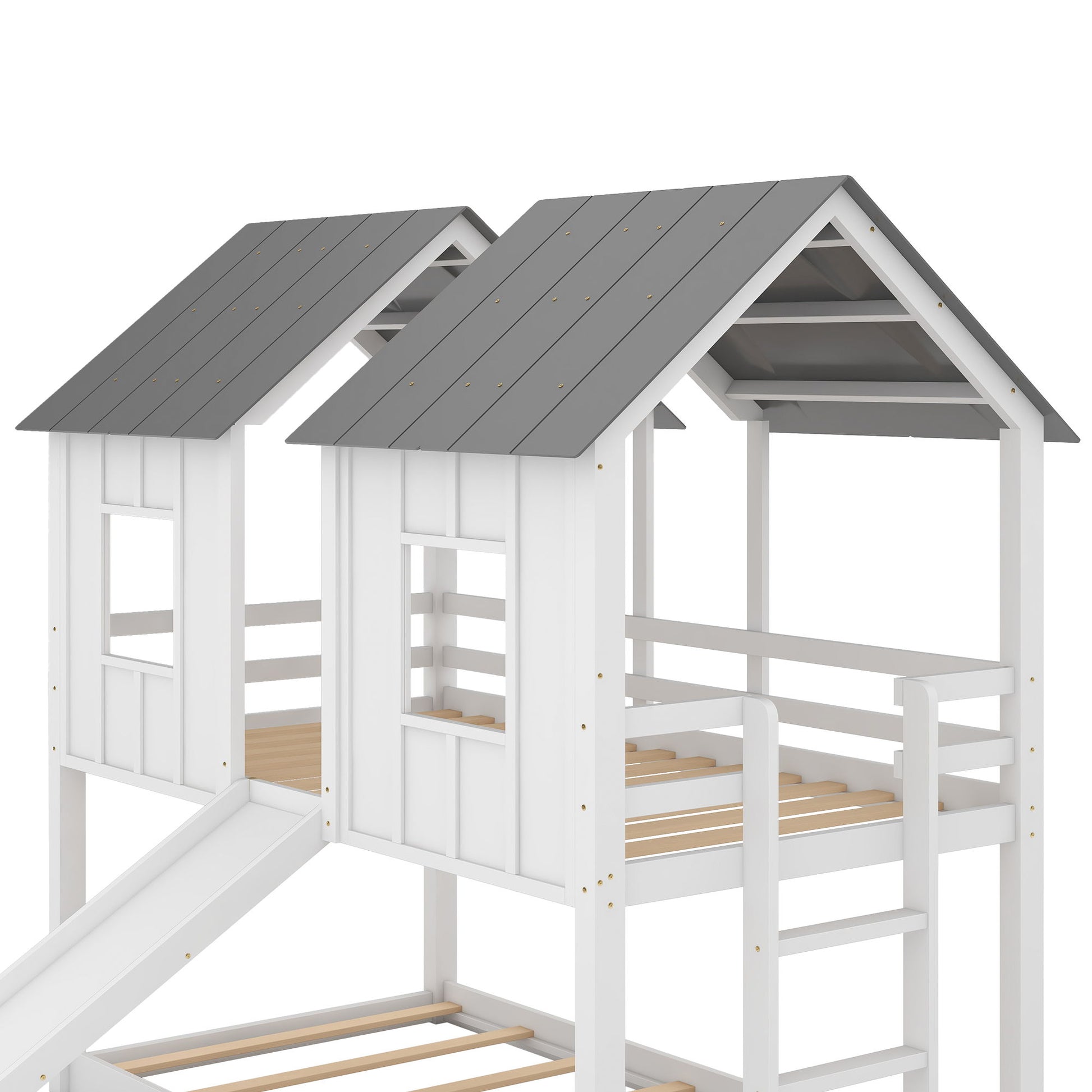 Twin Over Twin House Bunk Bed With Slide And Windows - White / Gray - The Sleep Loft - Online Mattress Showroom NYC