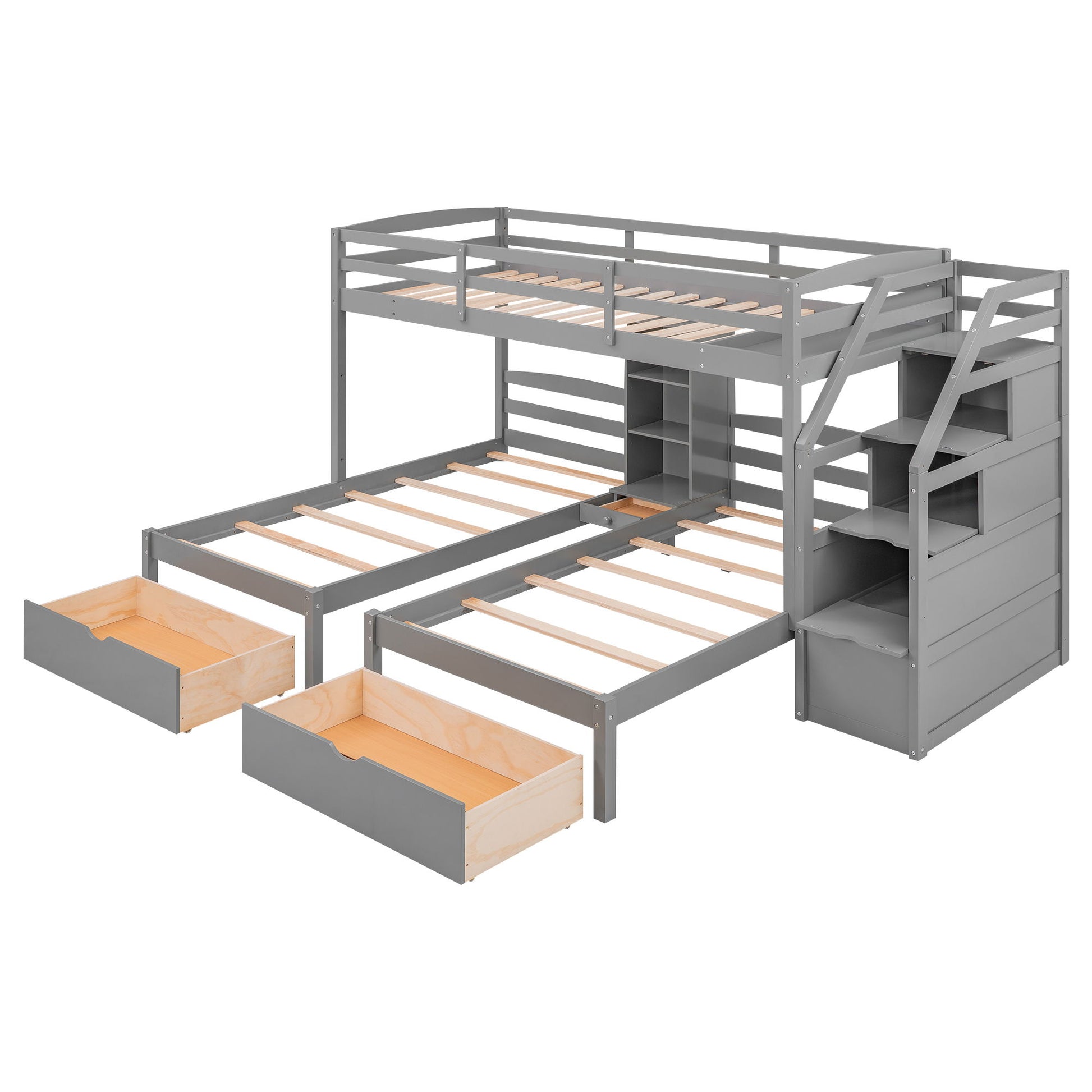 Twin Over Twin & Twin Bunk Bed With Drawers, Staircase Storage, Built In Shelves - Gray - The Sleep Loft - Online Mattress Showroom NYC