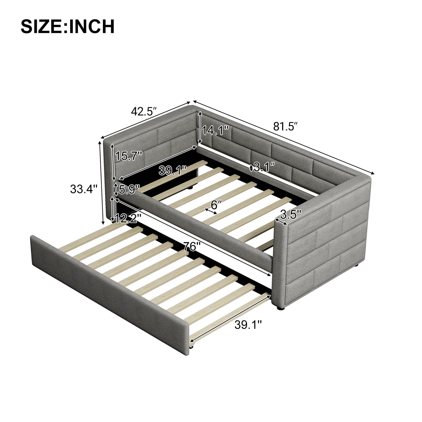 Upholstered Twin Size Daybed With Trundle, Padded Back And Sides - Gray - The Sleep Loft - Online Mattress Showroom NYC