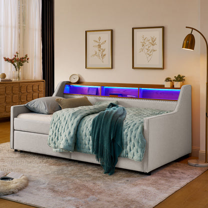 Twin Upholstered Sofa Bed With LED Lights, Storage Drawers, Adjustable Headboard & Wireless Charging - Beige - The Sleep Loft - Online Mattress Showroom NYC