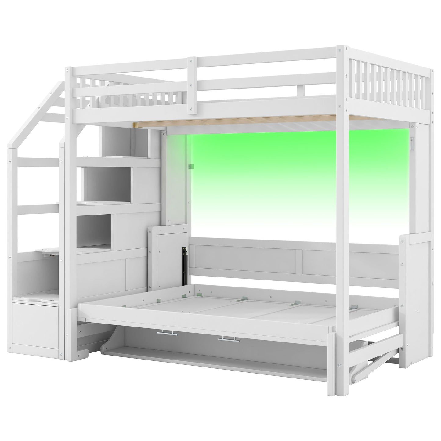 Full Long Loft Bed With Storage Staircase, Murphy Bed, LED Light - White - The Sleep Loft - Online Mattress Showroom NYC