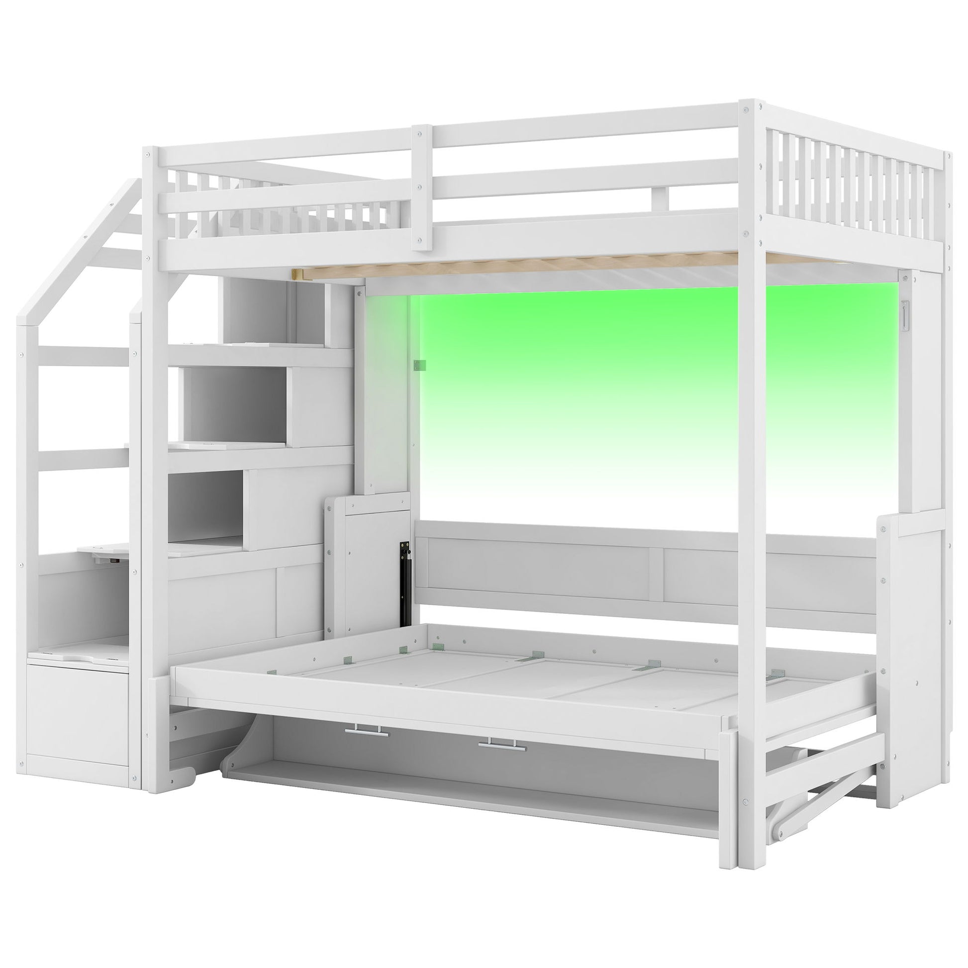 Full Long Loft Bed With Storage Staircase, Murphy Bed, LED Light - White - The Sleep Loft - Online Mattress Showroom NYC