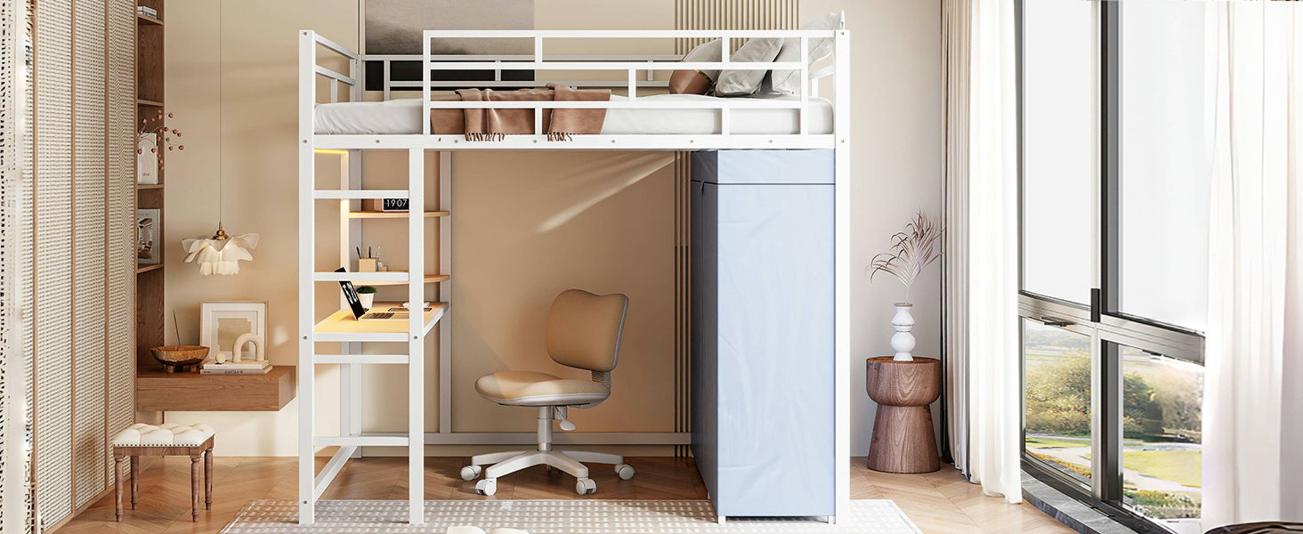 Loft Bed With Desk, Shelves, Power Outlet, LED Light And Wardrobe - The Sleep Loft - Online Mattress Showroom NYC