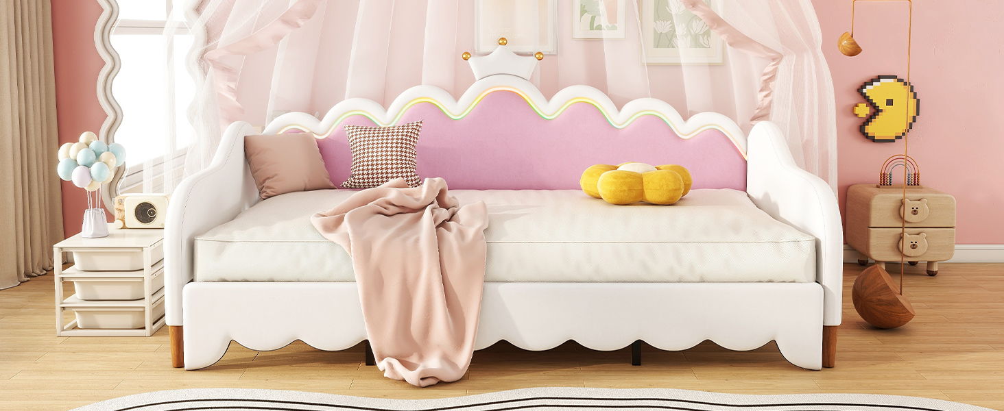Extending Daybed With LED Lights, Modern Upholstered Princess Daybed With Crown Headboard - The Sleep Loft - Online Mattress Showroom NYC