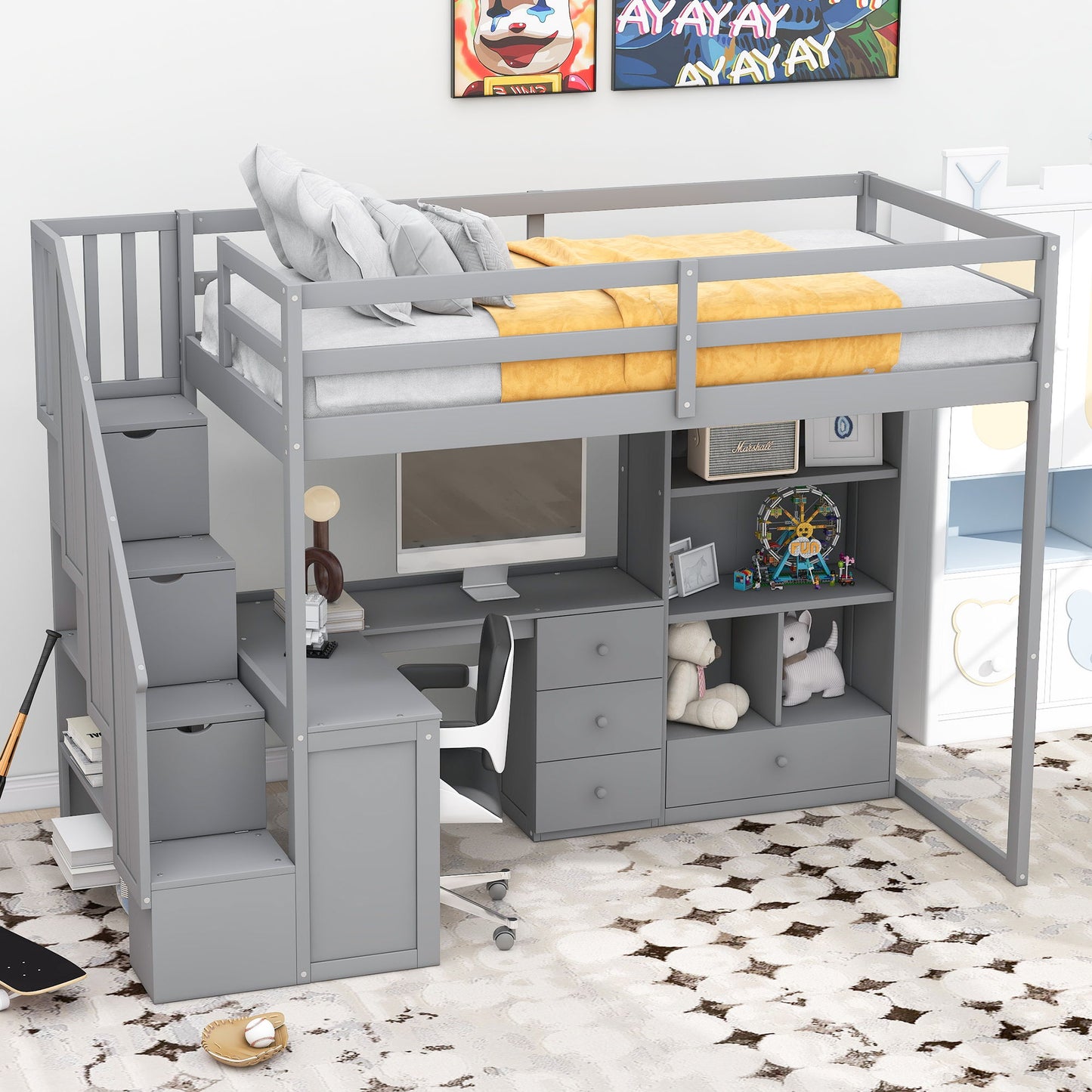 Loft Bed With L Shaped Desk, Drawers, Cabinet, And Storage Staircase - The Sleep Loft - Online Mattress Showroom NYC