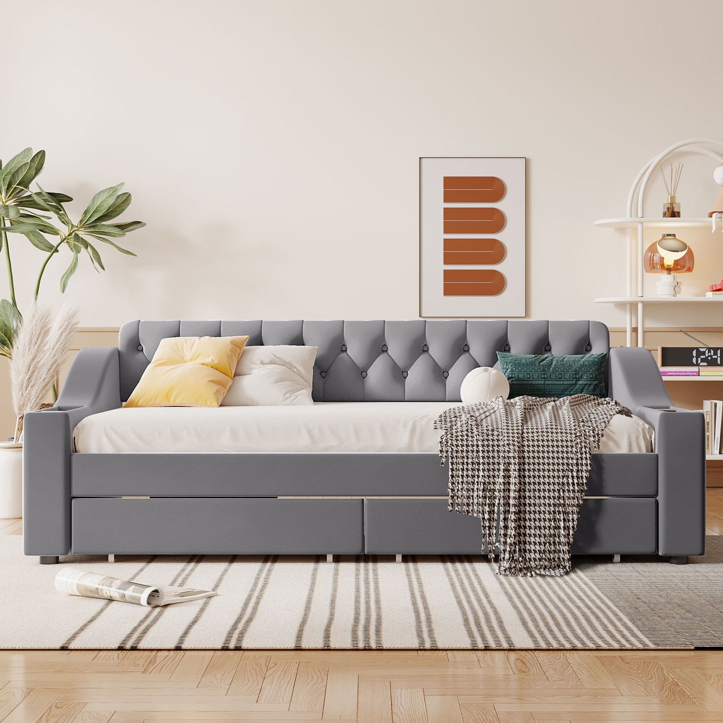 Upholstered Daybed With Storage Armrests And USB Port - The Sleep Loft - Online Mattress Showroom NYC