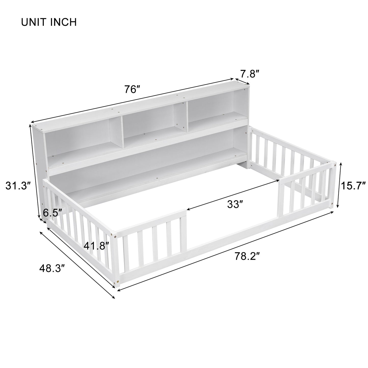 Floor Bed With Bedside Bookcase, Shelves, Guardrails - The Sleep Loft - Online Mattress Showroom NYC