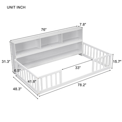 Floor Bed With Bedside Bookcase, Shelves, Guardrails - The Sleep Loft - Online Mattress Showroom NYC