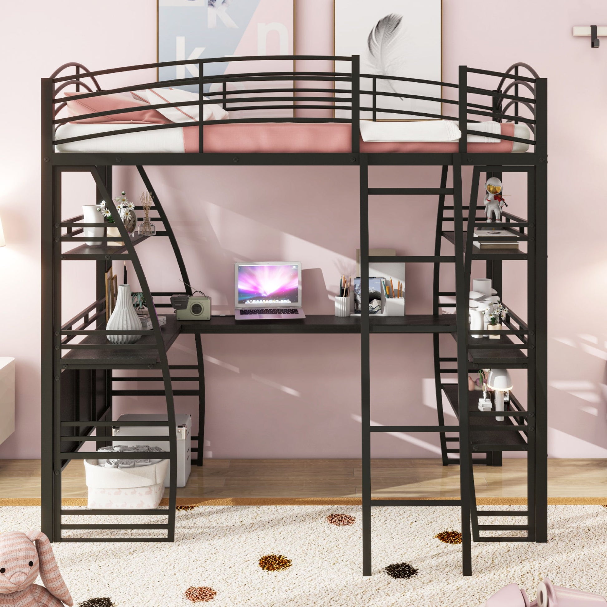 Loft Bed With 4 Layers Of Shelves And L-Shaped Desk, Stylish Metal Frame Bed With A Set Of Sockets, USB Ports And And Wireless Charging - The Sleep Loft - Online Mattress Showroom NYC