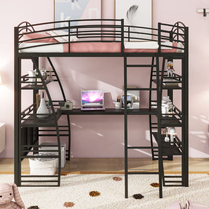 Loft Bed With 4 Layers Of Shelves And L-Shaped Desk, Stylish Metal Frame Bed With A Set Of Sockets, USB Ports And And Wireless Charging - The Sleep Loft - Online Mattress Showroom NYC