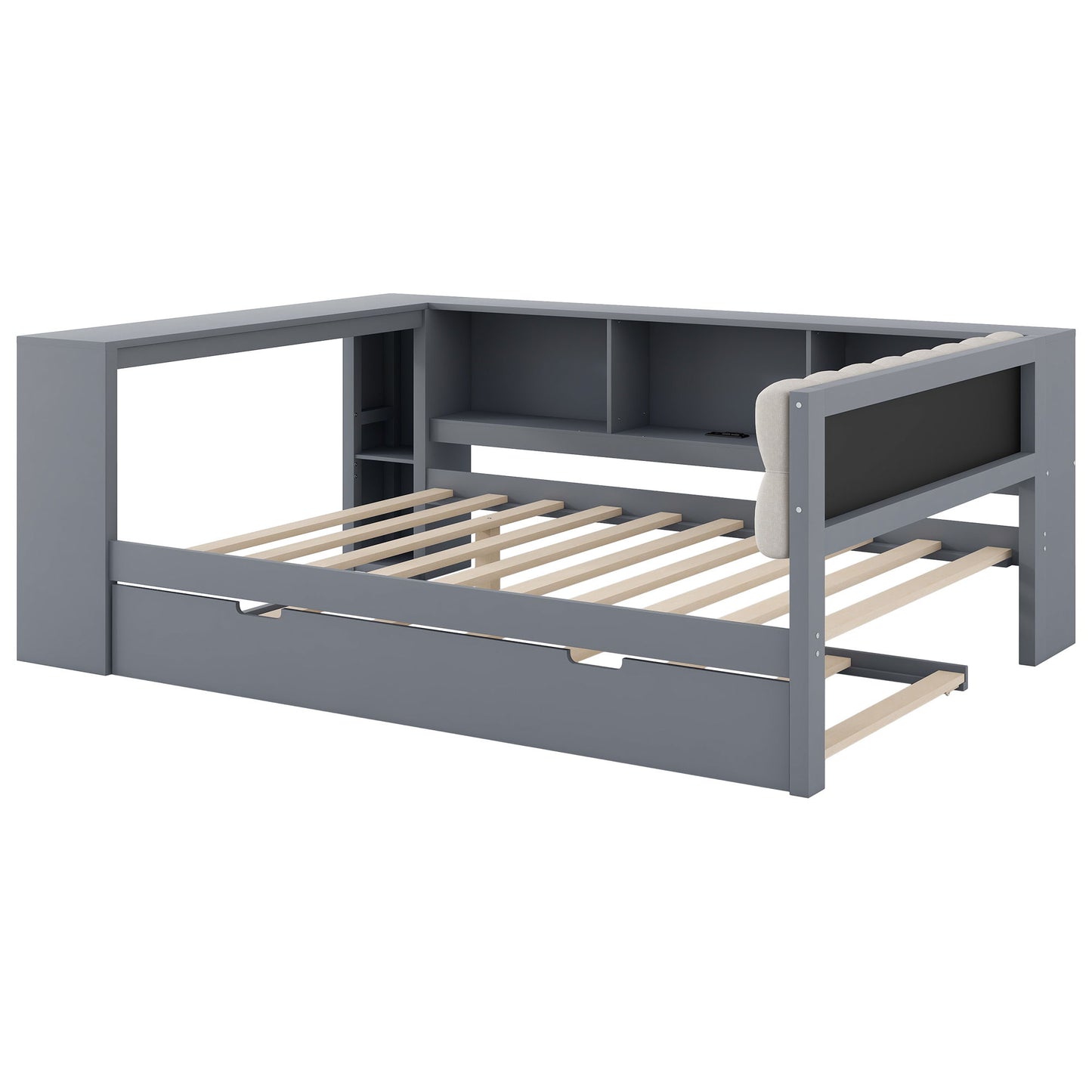 Upholstered Headboard Platform Bed With Storage Shelves, Trundle, Charging Station - The Sleep Loft - Online Mattress Showroom NYC