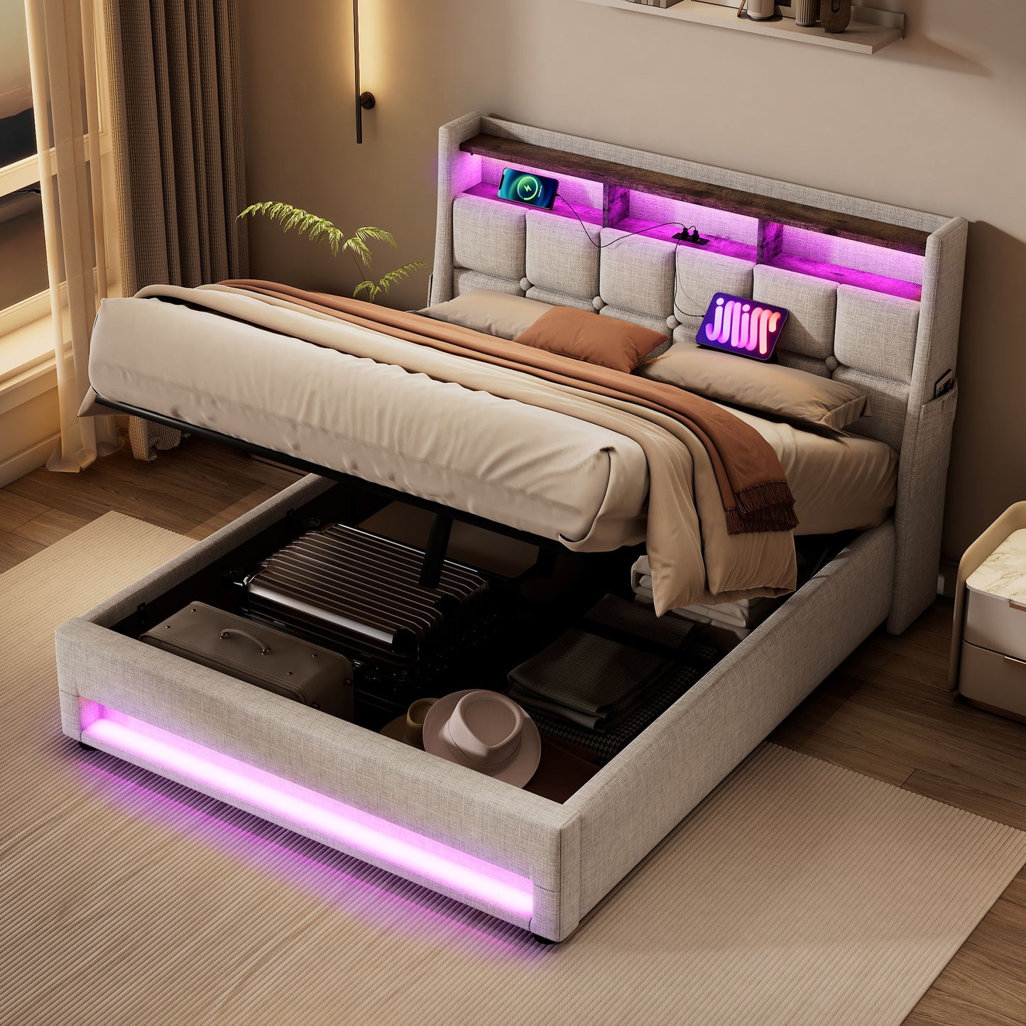 Upholstered Platform Bed With A Hydraulic Storage System, LED And USB Charging (Without Mattress) - The Sleep Loft - Online Mattress Showroom NYC